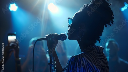 African American singer on stage with a microphone in the light of a spotlight