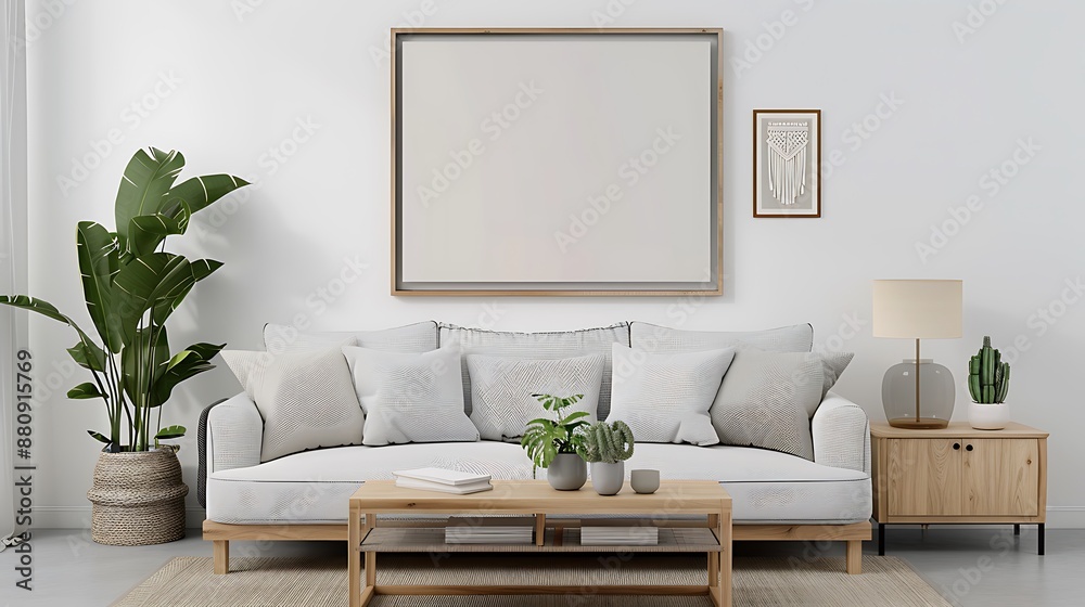 A stylish and serene Scandi-boho living room with a frame mockup above a chic wooden credenza. The room includes a variety of textures and elements such as macrame wall art, plush cushions, and green A stylish and serene Scandi-boho living room with a frame mockup above a chic wooden credenza. The room includes a variety of textures and elements such as macrame wall art, plush cushions, and green