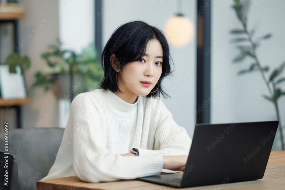 young korean woman working on laptop in modern comfy office setting young korean woman working on laptop in modern comfy office setting