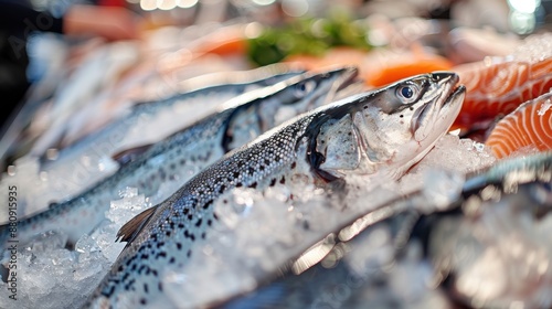 Various types of fresh fish and salmon lie on a blanket of ice, ready for purchase, in a detailed and crisp setting that typifies a bustling seafood market. photo