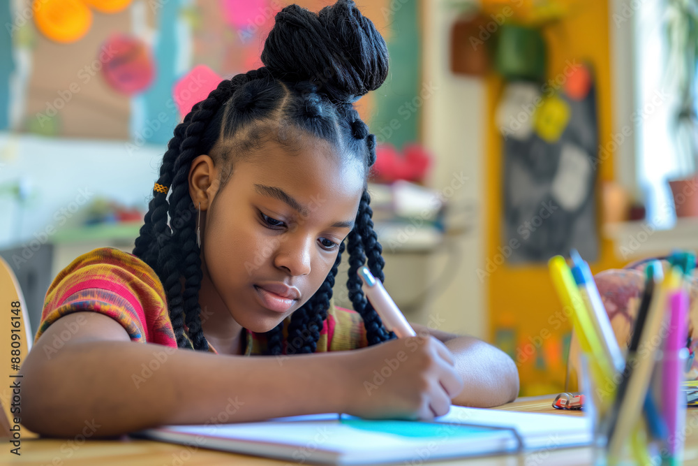 young African American girl focused on writing notes in a colorful classroom