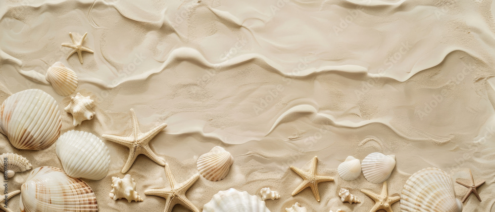 An arrangement of seashells and starfish spread artistically on a bed of smooth sand, evoking beach memories.