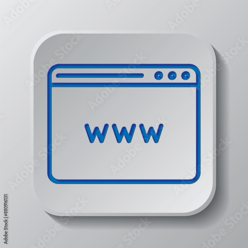 Browser, www simple icon vector. Flat design. Paper cut design. Cutted blue symbol with shadow. Gray badge button, gray background