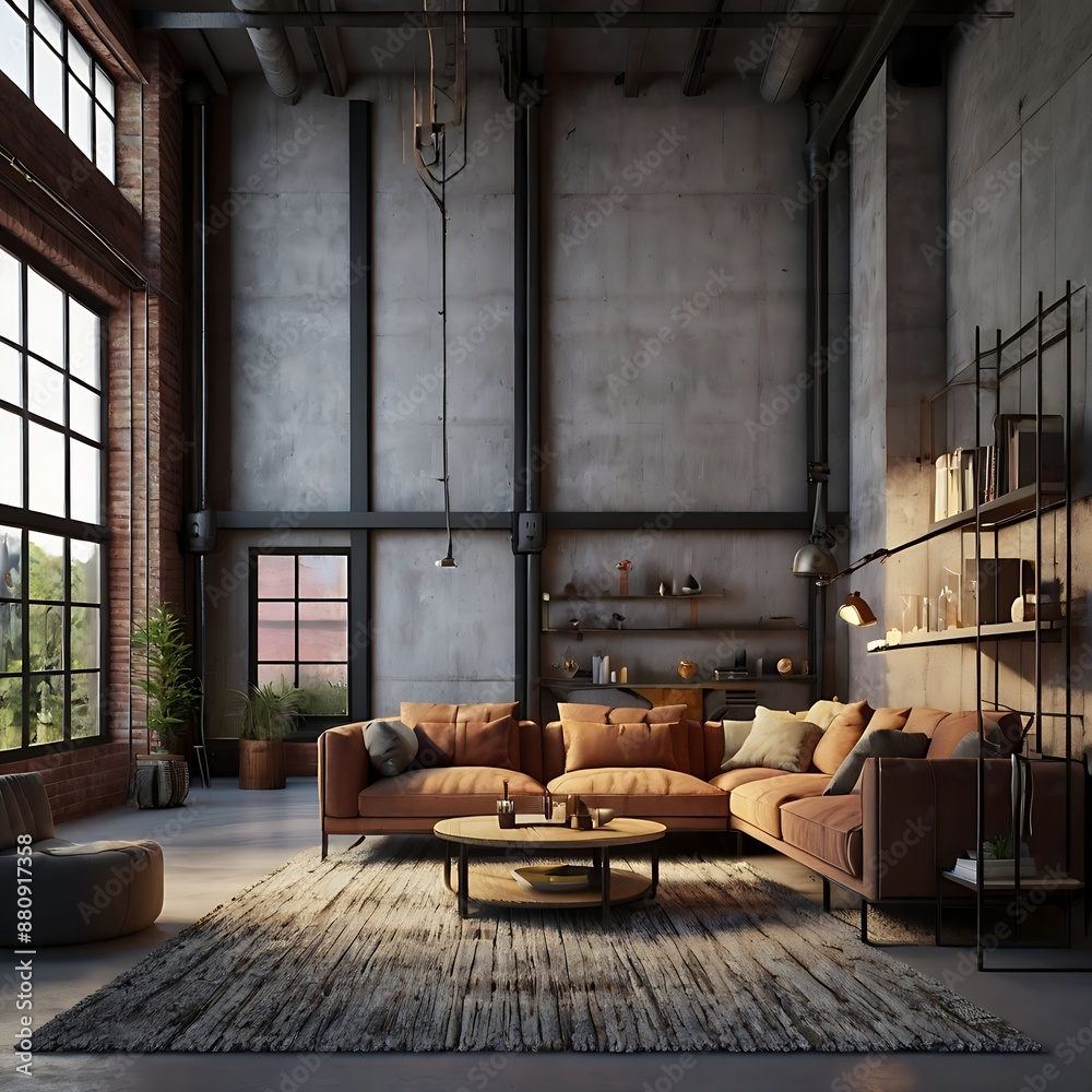 Modern Loft Living Room in Industrial Style - 3D Render Modern Loft Living Room in Industrial Style - 3D Render