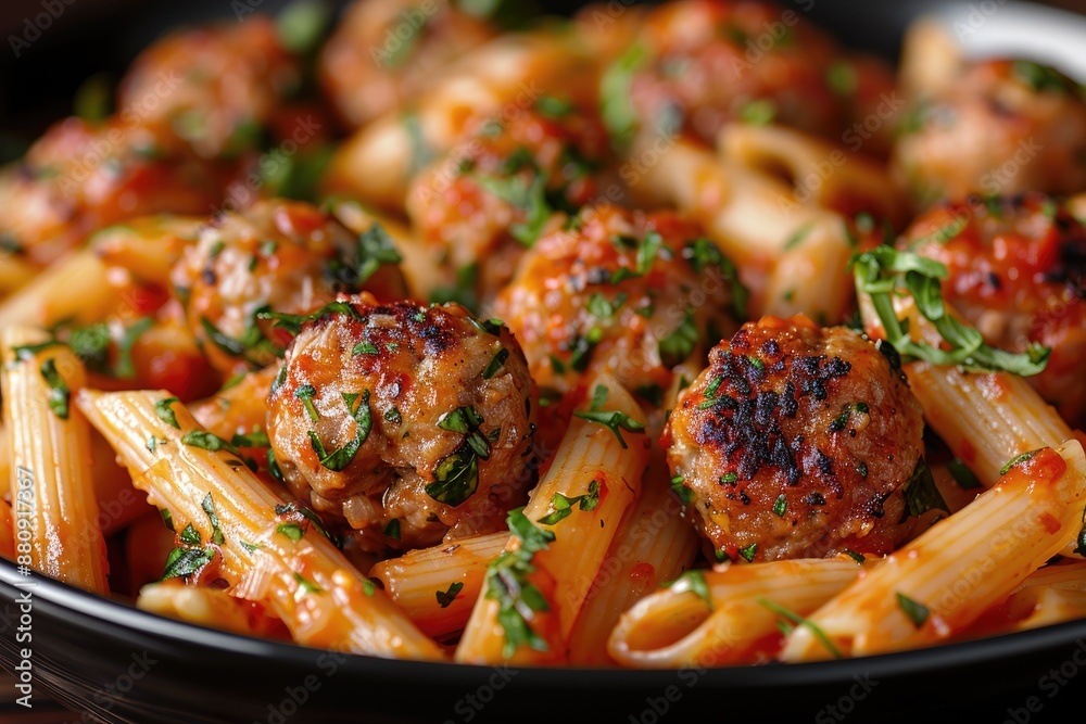 Penne pasta with meatballs in bowl professional advertising food photography