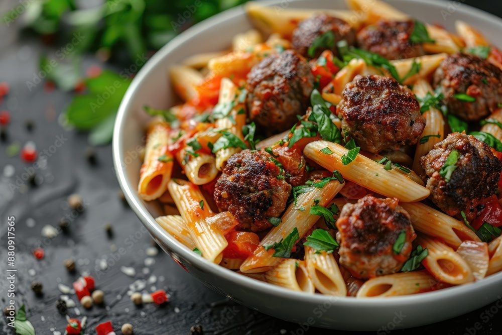 Penne pasta with meatballs in bowl professional advertising food photography Penne pasta with meatballs in bowl professional advertising food photography