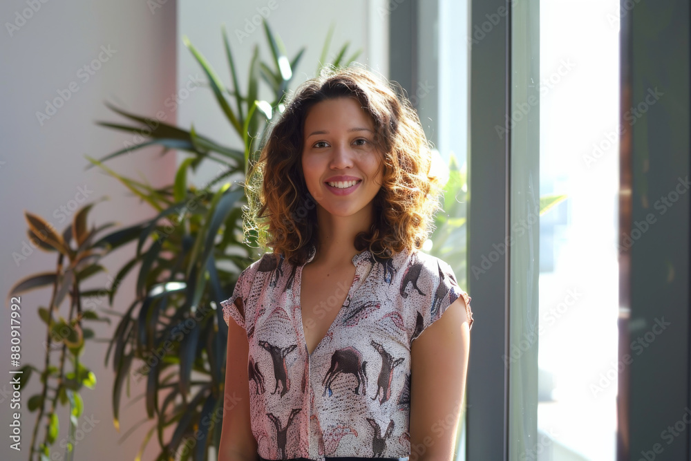 A woman with curly hair stands by a window, warmly smiling, surrounded by lush indoor plants, bathed in natural light. A woman with curly hair stands by a window, warmly smiling, surrounded by lush indoor plants, bathed in natural light.