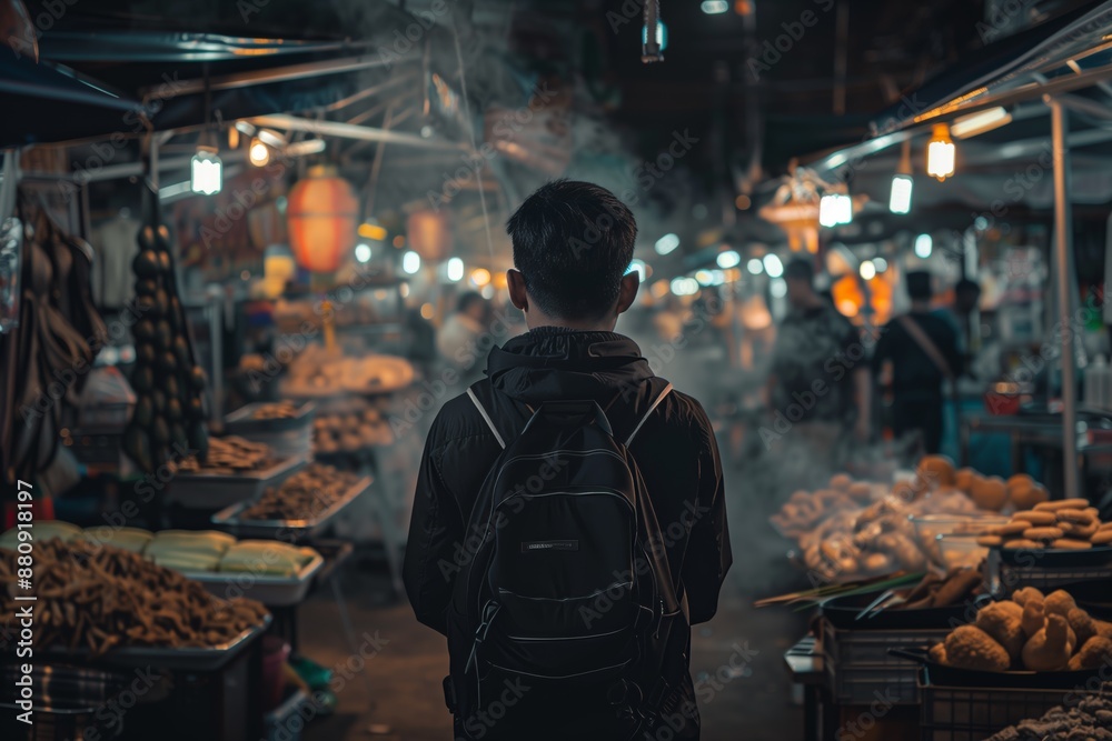 A man with a backpack explores a vibrant night market filled with food stalls and colorful lights, creating a lively atmosphere.
A man with a backpack explores a vibrant night market filled with food stalls and colorful lights, creating a lively atmosphere.