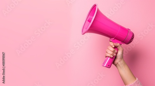 Close-up of a hand holding a pink megaphone against a pink background, symbolizing communication, announcement, and empowerment. 