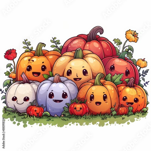 Colorful cheerful pumpkins with cute faces, surrounded by flowers and leaves, perfect for autumn and Halloween themes. photo