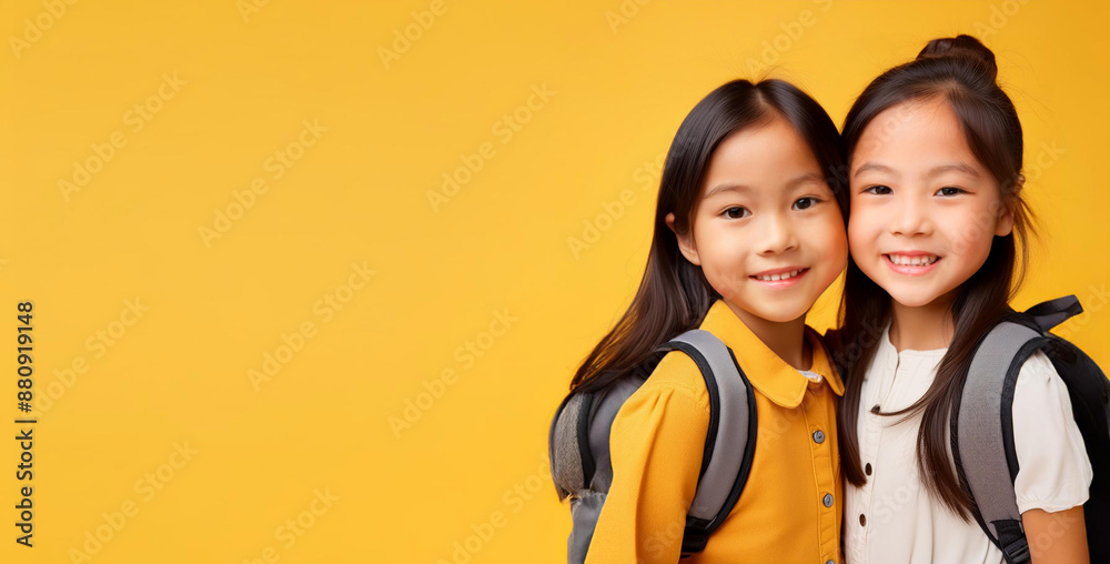 Cheerful smiling young people with backpacks have fun on the background of yellow walls with space for text .School concept. Back to school.
Cheerful smiling young people with backpacks have fun on the background of yellow walls with space for text .School concept. Back to school.