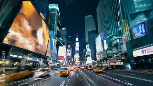 Modern city in the evening with skyscrapers. Nightlife of the big town. A car drives along the road at night time laps. Urban background. Beautiful cityscape. Bright buildings illumination.