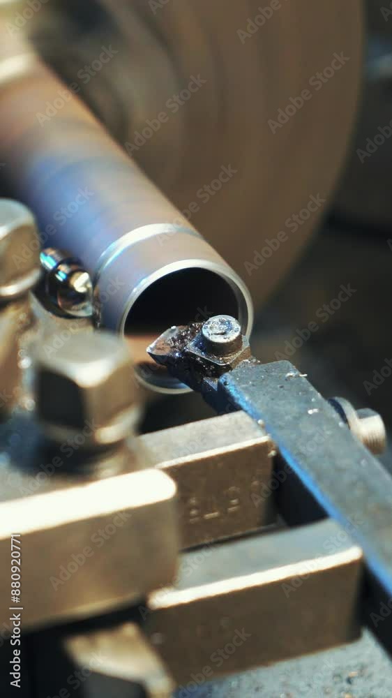 A metal part rotates and sharpeners on the lathe in the workshop in the manufacturing. Close-up.