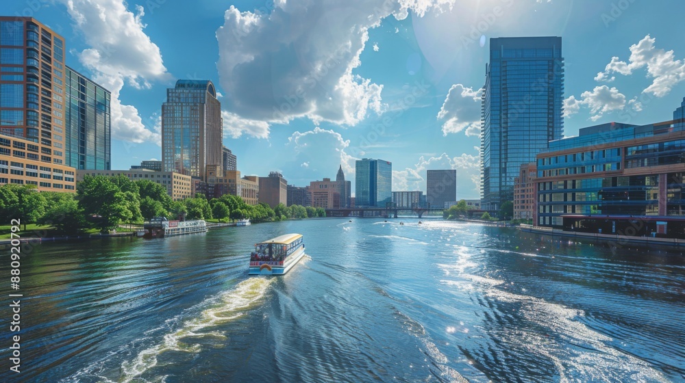 Obraz premium Office buildings along a riverfront with bustling water traffic and city skyline.