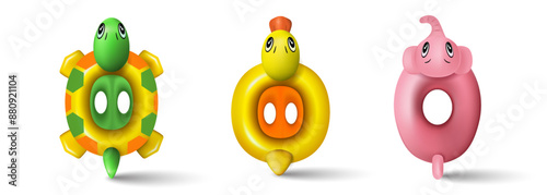 animal character ring swimming buoys turtle, duck and elephant, top view animal character ring swimming buoy premium vector