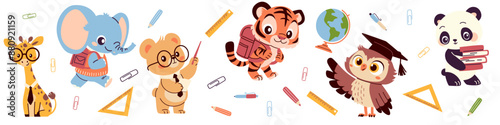 Set of flat vector illustrations in children's style on white background on the theme of learning and school. Bear giraffe tiger cub elephant owl and panda with textbooks and school bags globe ruler