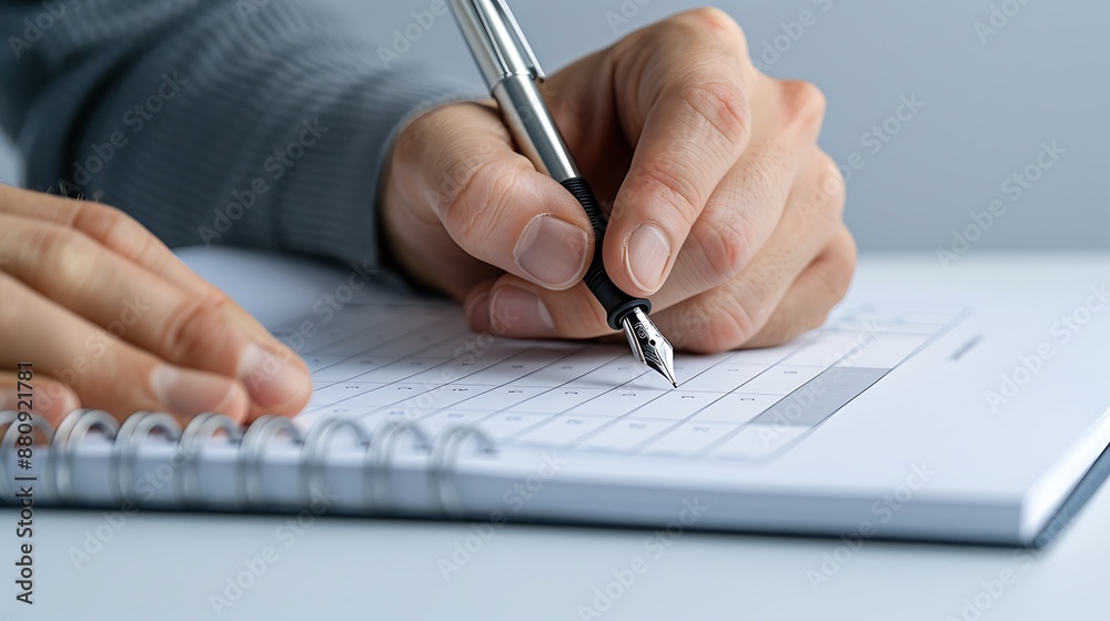 A close-up photo of a left hand writing with a fountain pen on a notebook, with a calendar page in the background circled on August 13th (International Left-Handed Day) A close-up photo of a left hand writing with a fountain pen on a notebook, with a calendar page in the background circled on August 13th (International Left-Handed Day)