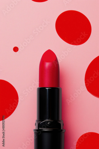 red lipstick on pink  flay lay surface with dots , cosmetic ad