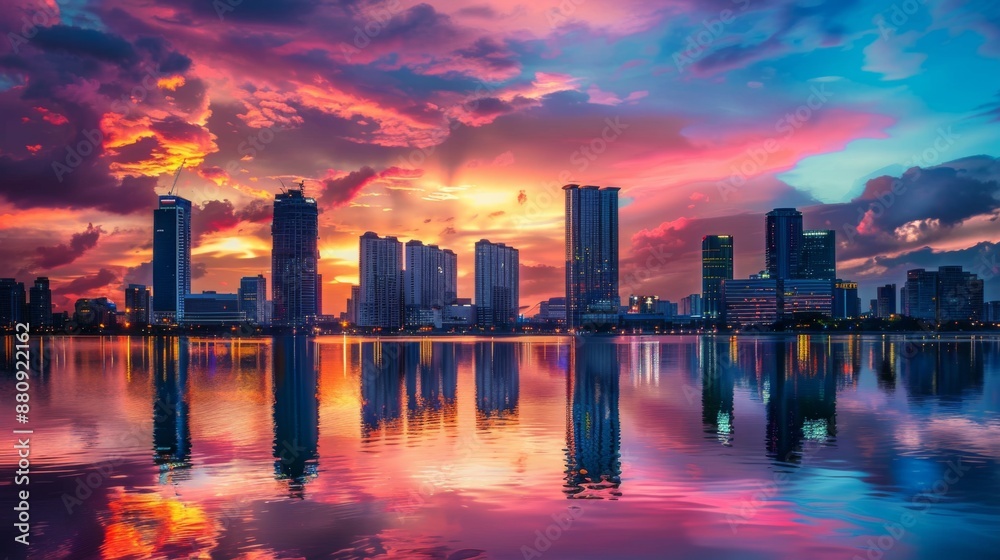 Fototapeta premium Scenic view of a city skyline at sunset, with colorful sky and reflections on water