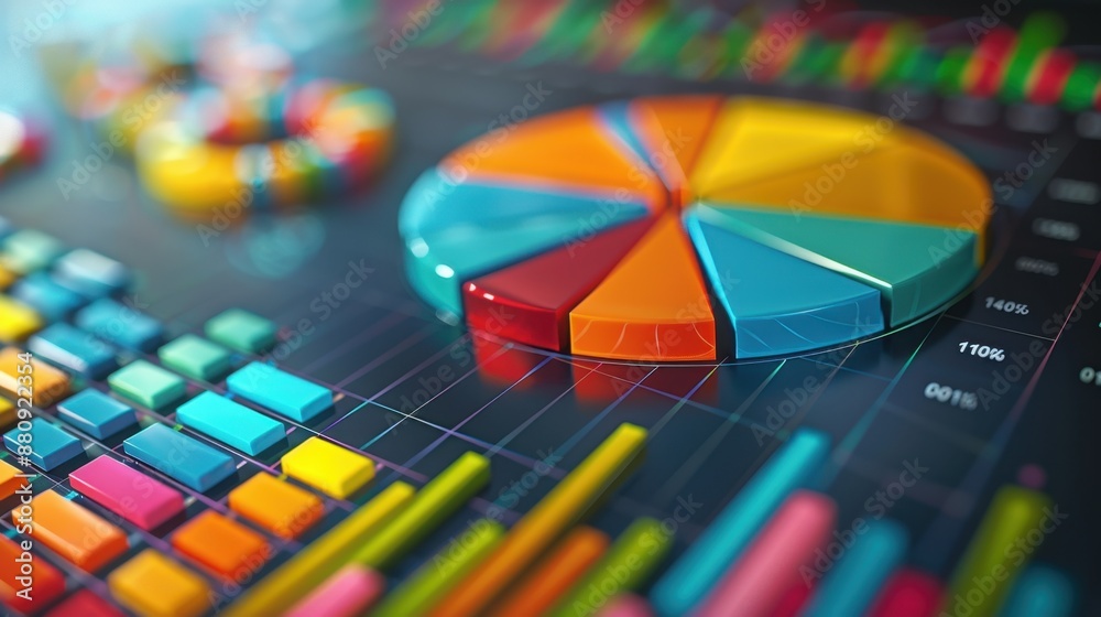 Detailed 3D illustration of a graph diagram by a multi-colored pie chart, showcasing vibrant and informative visual data representation. Detailed 3D illustration of a graph diagram by a multi-colored pie chart, showcasing vibrant and informative visual data representation.