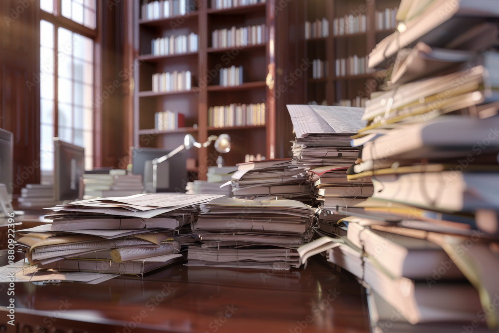 A cluttered wooden desk in a grand library is piled high with paperwork, books, and files, highlighting a scene of intense study or work. A cluttered wooden desk in a grand library is piled high with paperwork, books, and files, highlighting a scene of intense study or work.