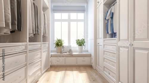 A detailed 3D rendering of a modern Scandinavian walk-in closet, featuring white wood and a wardrobe near a window, soft lighting creating a clean and elegant atmosphere photo