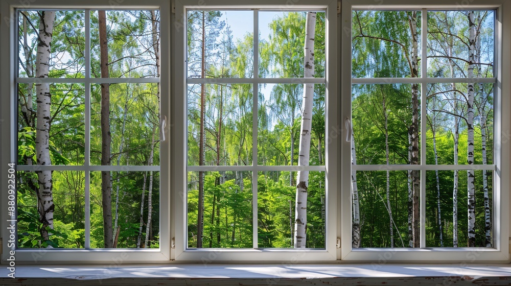 White Window Frame. Outside View of Forest with Blue Sky and Trees, Capturing Serene Natural Beauty and Tranquility from Indoors. White Window Frame. Outside View of Forest with Blue Sky and Trees, Capturing Serene Natural Beauty and Tranquility from Indoors.