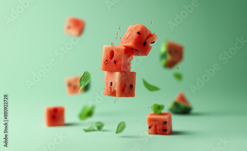 Creatively scattered fresh watermelon cubes balancing and floating on a plain light blue and mint background