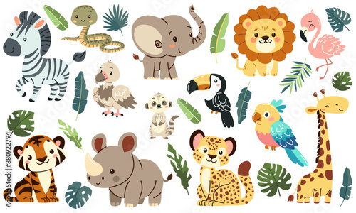Set of flat vector illustrations in children's style of savannah animals. Cute rhinoceros lemur lion flamingo toucan vulture vulture snake zebra parrot tiger giraffe leopard cheetah tropical leaves