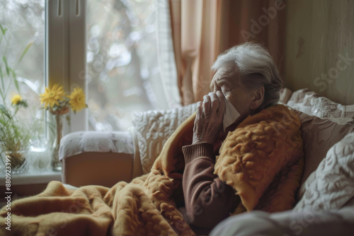 An elderly woman wrapped in a cozy blanket, sitting by a window, uses a tissue while looking outside, portraying a quiet, reflective moment.