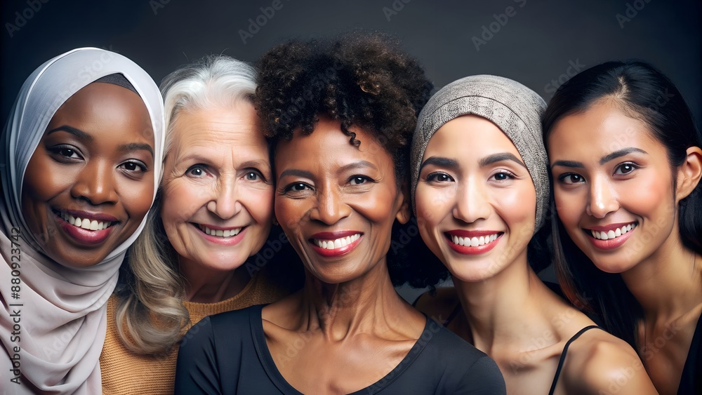 Fototapeta premium A diverse group of women smiling together, showcasing unity and beauty across ages and cultures.