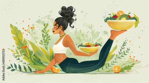 A woman in the cobra pose, balancing a bowl of healthy food on her foot, combining yoga and nutrition in a creative illustration.
