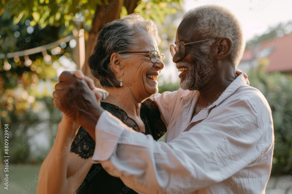 A loving elderly couple dances closely under an outdoor tree, their faces expressing joy, connection, and timeless love. A loving elderly couple dances closely under an outdoor tree, their faces expressing joy, connection, and timeless love.