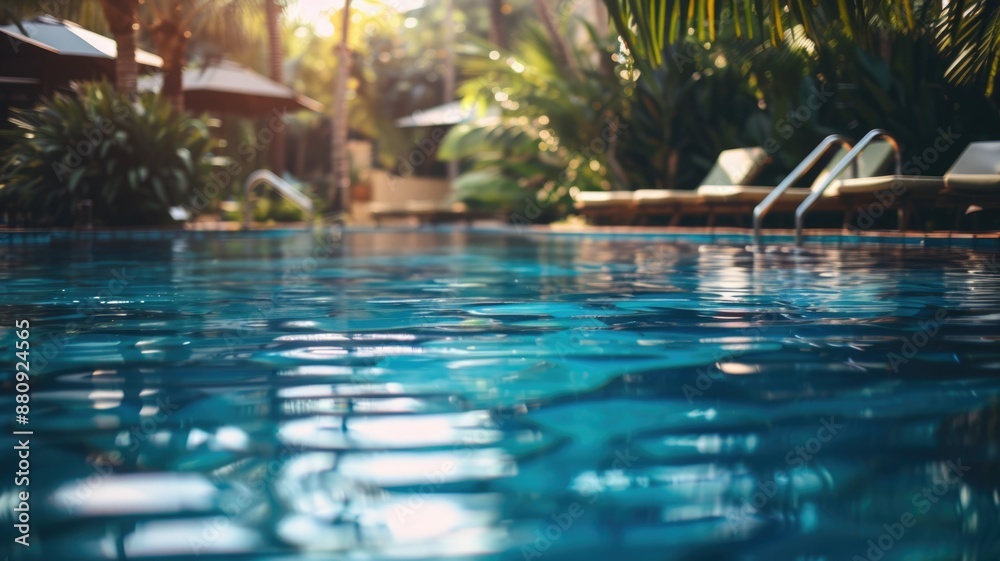 An early morning scene of a hotel pool, with tranquil water and no guests