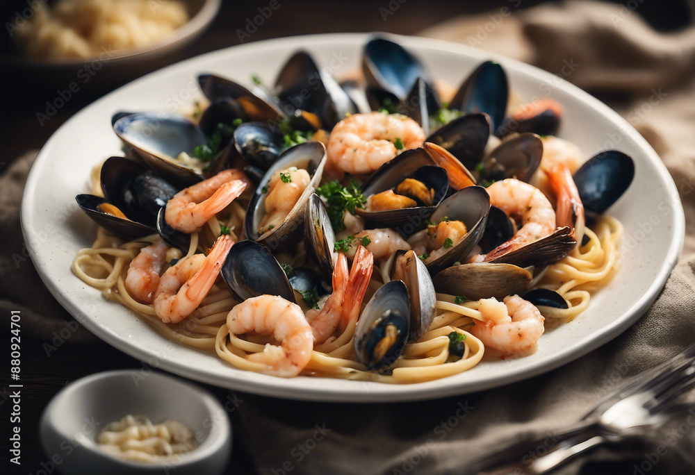 seafood pasta with a mix of shrimp, clams, and mussels in a rich sauce, ad shot, copy space for text seafood pasta with a mix of shrimp, clams, and mussels in a rich sauce, ad shot, copy space for text