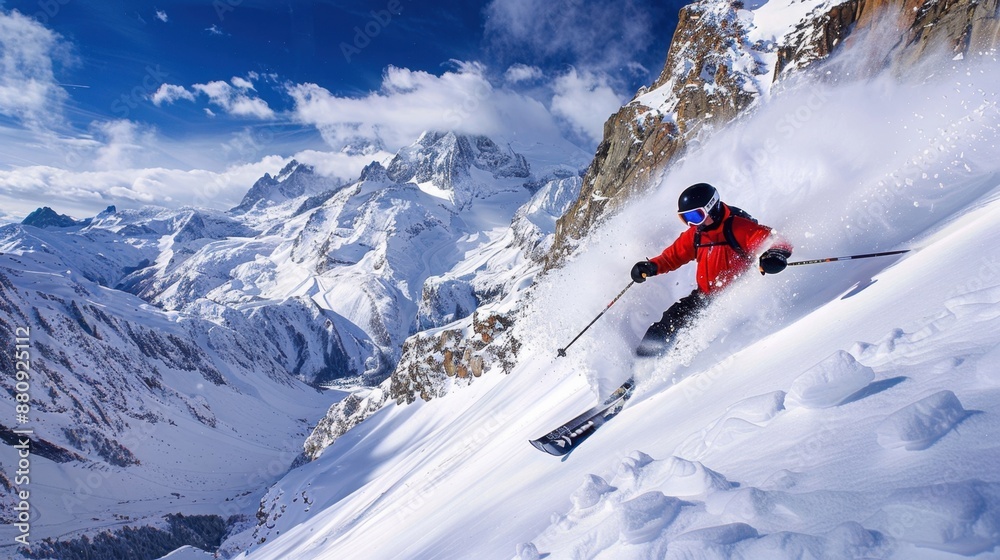 Action-packed scene of a skier expertly descending a snowy mountain slope, capturing the excitement and skill of winter sports in a breathtaking alpine setting. Action-packed scene of a skier expertly descending a snowy mountain slope, capturing the excitement and skill of winter sports in a breathtaking alpine setting.
