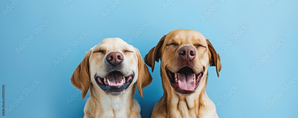Two dogs are smiling and looking at the camera on blue background. Free copy space for banner. Two dogs are smiling and looking at the camera on blue background. Free copy space for banner.