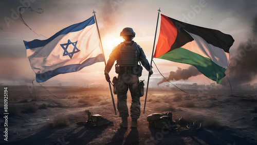 Back view of soldiers holding Israeli flag and Palestinian flags on the background of ruins of the city after the war.