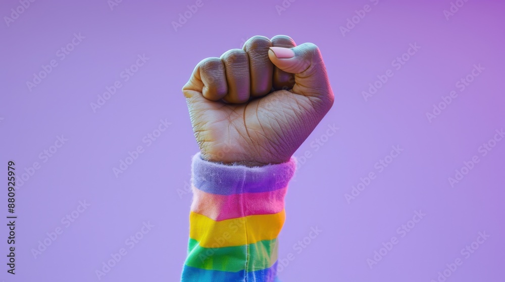 Fototapeta premium A clenched fist raised powerfully against a lavender background, wrapped in the stripe colors of the transgender pride flag, symbolizing strength and resilience.
