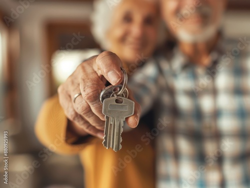A old couple holding a key in front of a house.