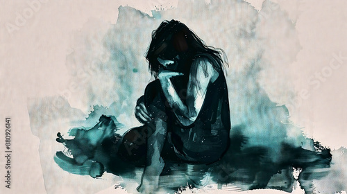 Illustration of a sad woman embracing her knees, dealing with depression and loneliness