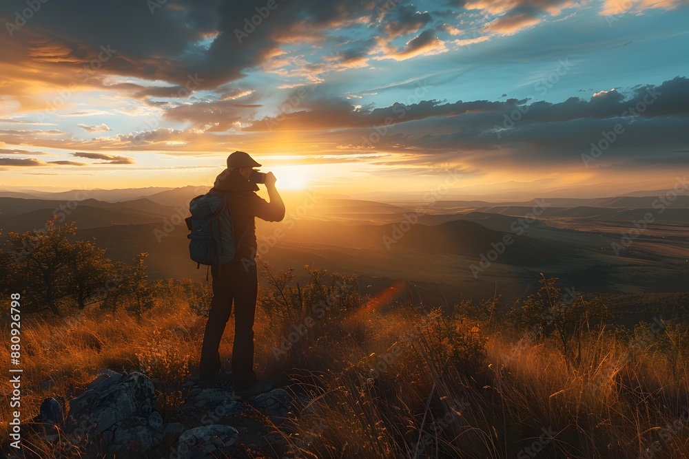 A photographer capturing a beautiful landscape at sunset, showcasing professional photography in action A photographer capturing a beautiful landscape at sunset, showcasing professional photography in action