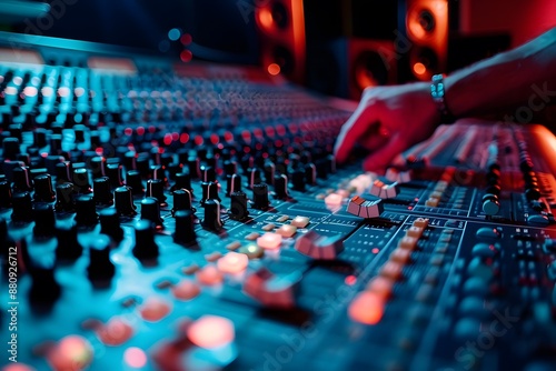 A music producer adjusting sound levels on a mixing console in a recording studio, showcasing the music production process