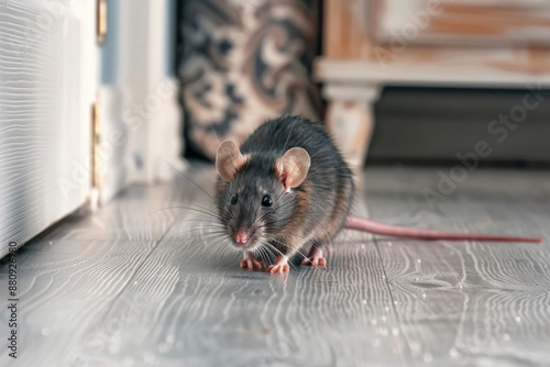 A curious rat scurries across a wooden floor, surrounded by warm home decor. photo