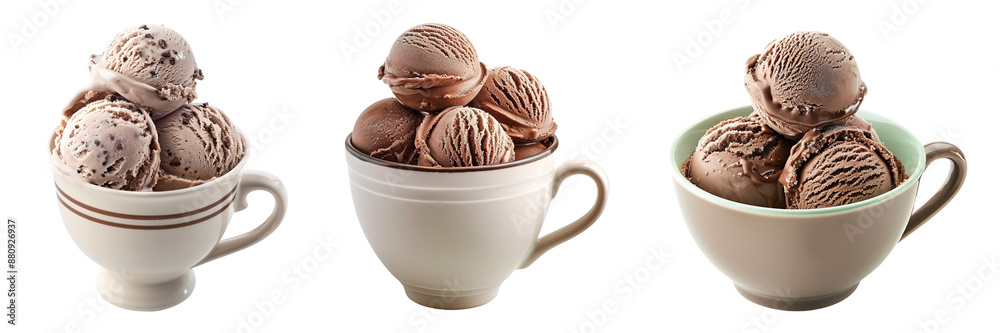 Set of decor chocolate ice cream scoops on cup isolated on a transparent background