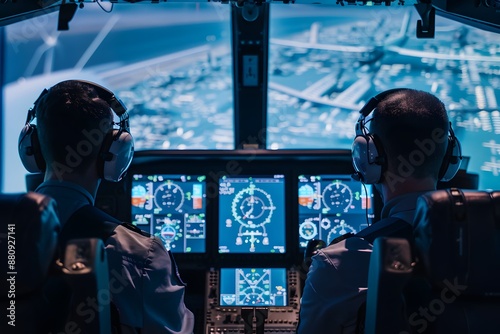 Pilots discussing flight plans in a cockpit simulator, highlighting expertise and technology in aviation