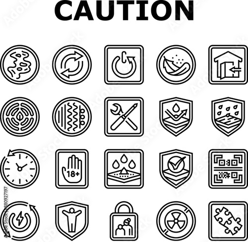 product caution label warning icons set vector. odor control, reversible, automatic shut down, lightweight, indoor use only product caution label warning black contour illustrations