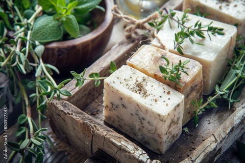 Handmade Natural Soap Bars with Fresh Herbs on Rustic Wooden Tray - Organic Skincare Concept