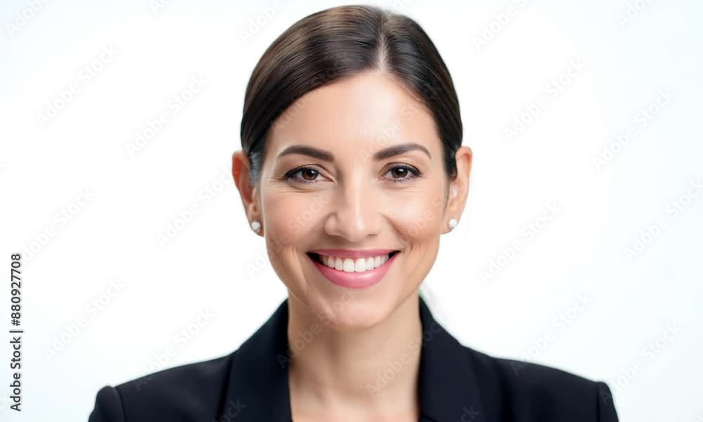 Confident businesswoman in black blazer smiles brightly on white background, exuding professionalism and success. She looks directly at the camera with a warm gaze, radiating mature charm Confident businesswoman in black blazer smiles brightly on white background, exuding professionalism and success. She looks directly at the camera with a warm gaze, radiating mature charm