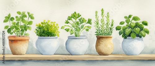 Herbs, assortment of fresh herbs in a rustic kitchen, vibrant greens, Watercolor style